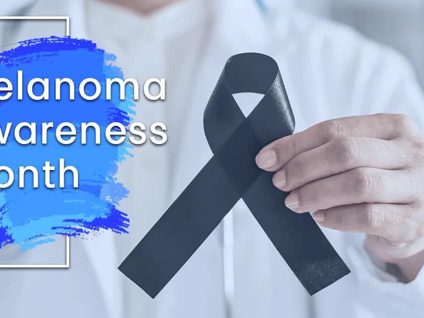 Melanoma Awareness Month, beside a hand holding up a black awareness ribbon