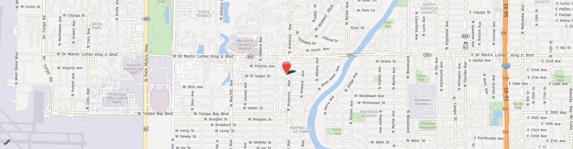Street map of the Tampa location, marked with a pin